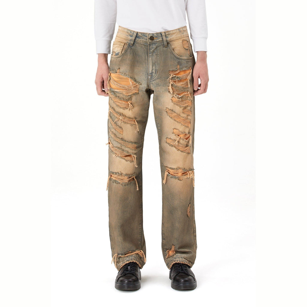 Smoke Rise Rip & Repair Curved Denim Pants - Brown Blue