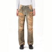 Smoke Rise Rip & Repair Curved Denim Pants - Brown Blue