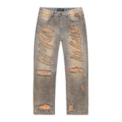 Smoke Rise Rip & Repair Curved Denim Pants - Brown Blue