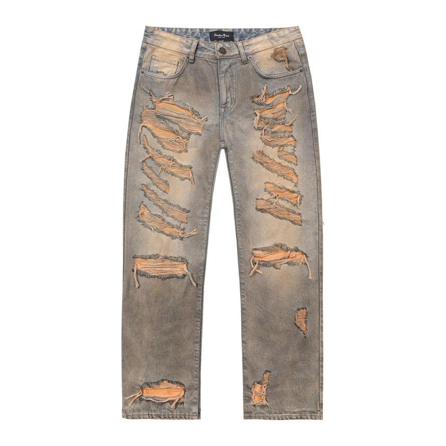 Smoke Rise Rip & Repair Curved Denim Pants - Brown Blue