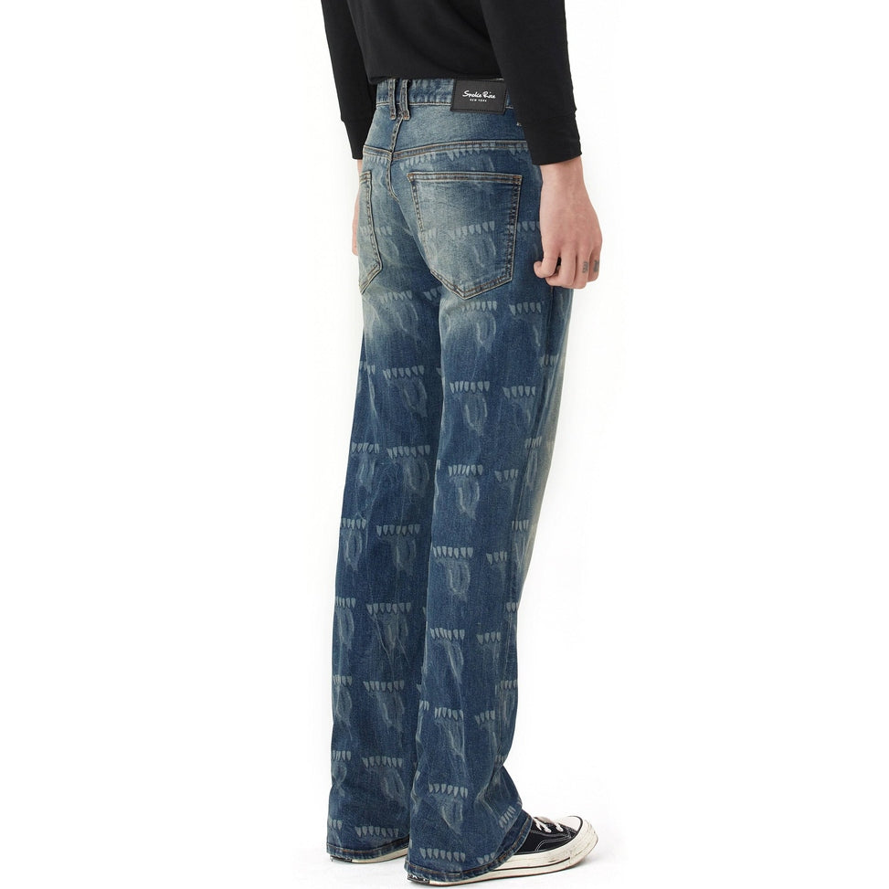 Smoke Rise Laser Printed Denim Pants - Laser Blue
