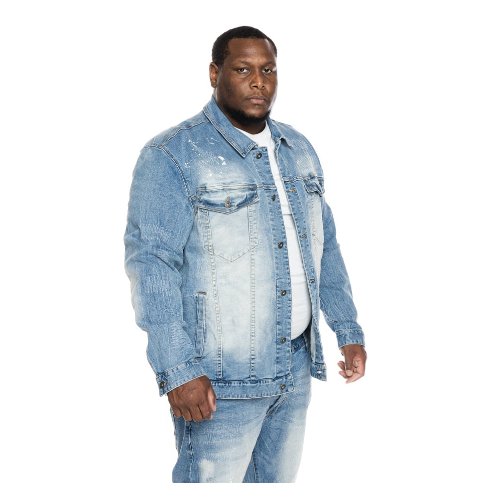 Smoke Rise Big and Tall Big and Tall Bleached Detail Semi Basic Jean Jacket - Ocean Blue