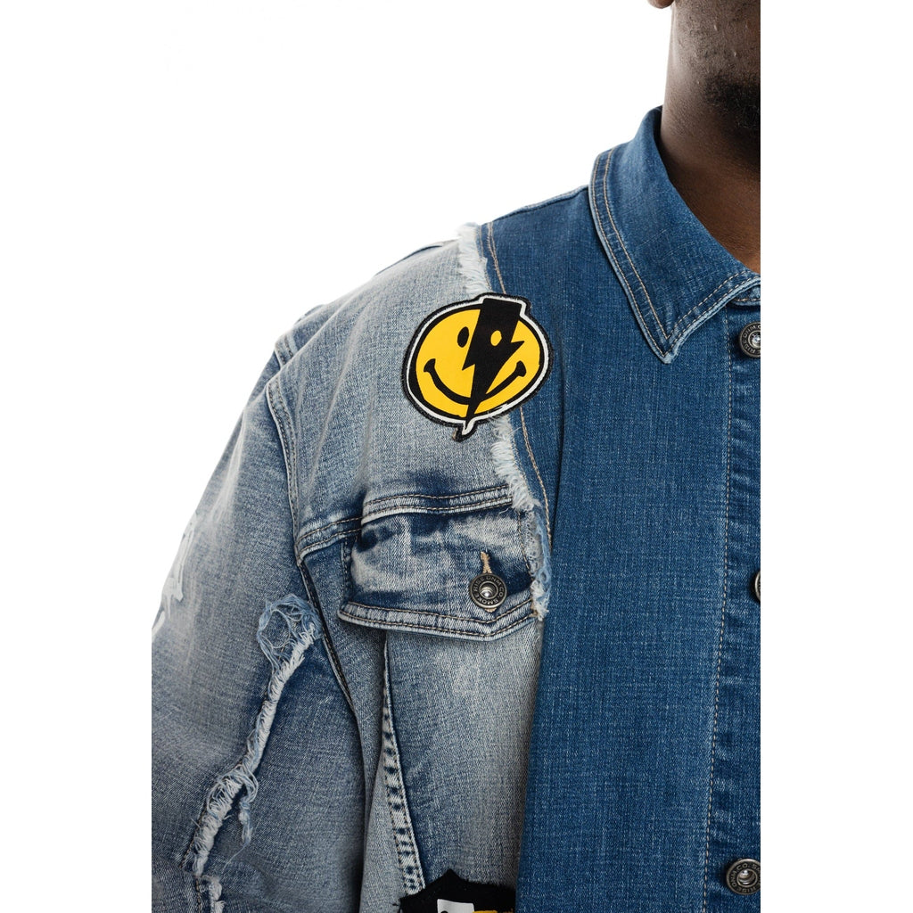 Modisch Men's Blue Denim Button-Front Jacket CUSTOM PATCHES SIZE