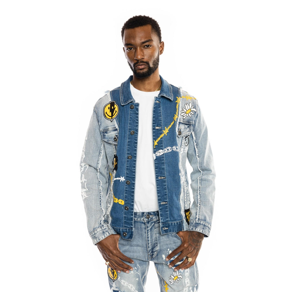 Smoke Rise Mixed Media Fashion Jean Jacket - Albany Blue