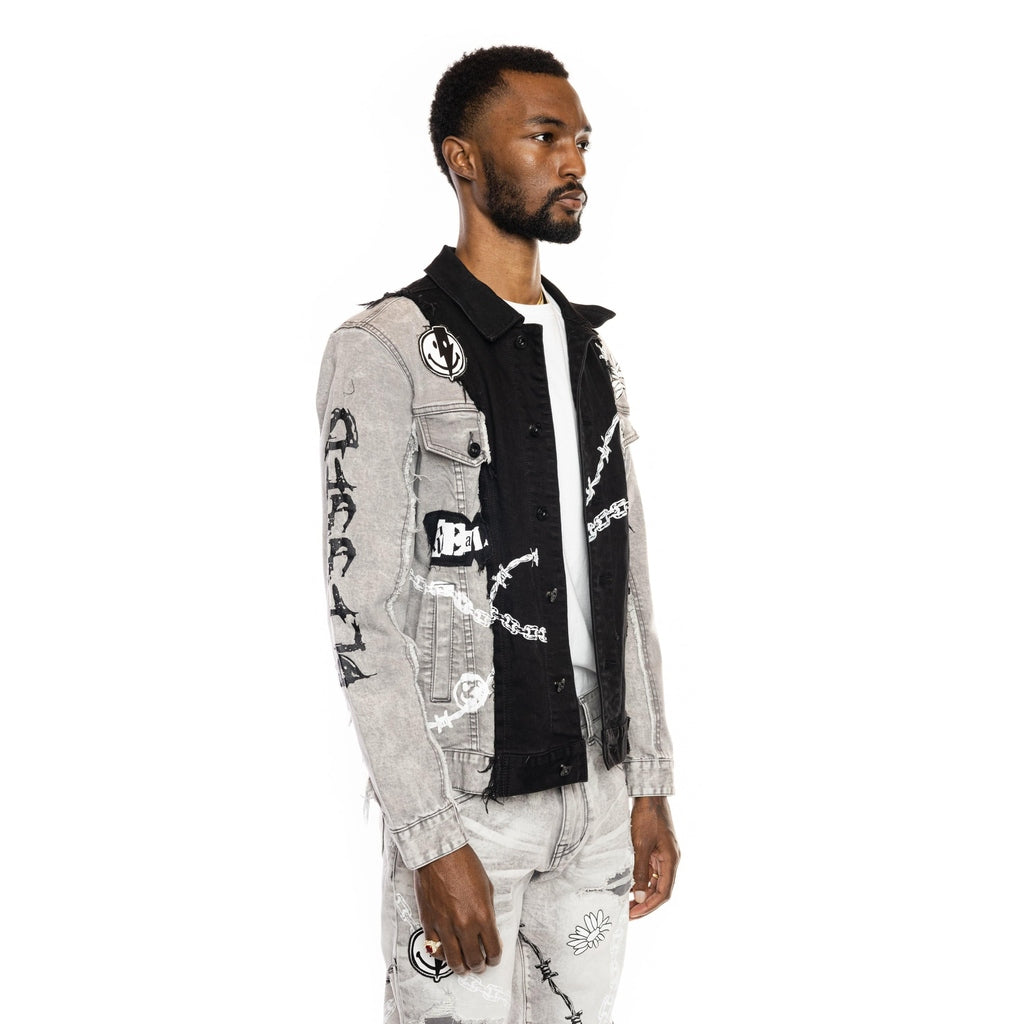 Smoke Rise Mixed Media Fashion Jean Jacket - Frost Grey