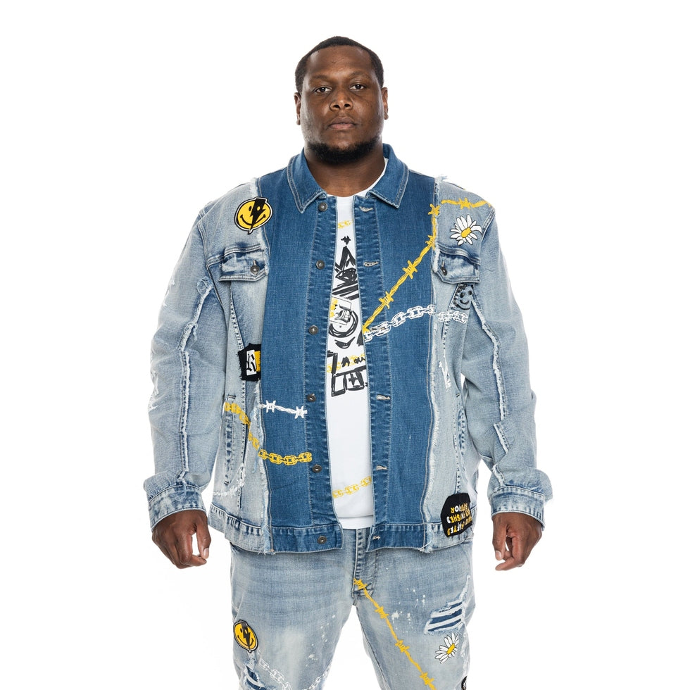 Smoke Rise Big and Tall Big and Tall Mixed Media Fashion Jean Jacket - Albany Blue