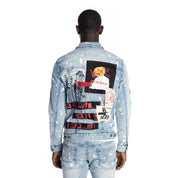 Smoke Rise Graphic Patched Fashion Jean Jacket - Mizu Blue