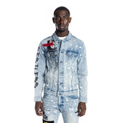 Smoke Rise Graphic Patched Fashion Jean Jacket - Mizu Blue