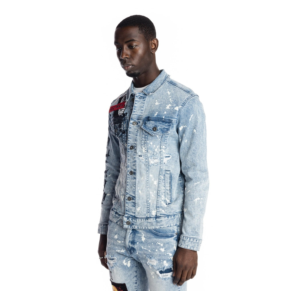 Smoke Rise Graphic Patched Fashion Jean Jacket - Mizu Blue