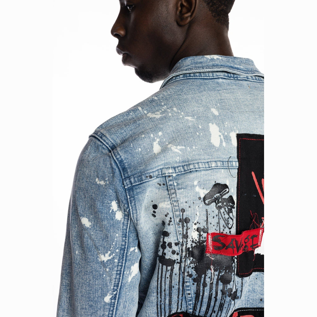 Smoke Rise Graphic Patched Fashion Jean Jacket - Mizu Blue