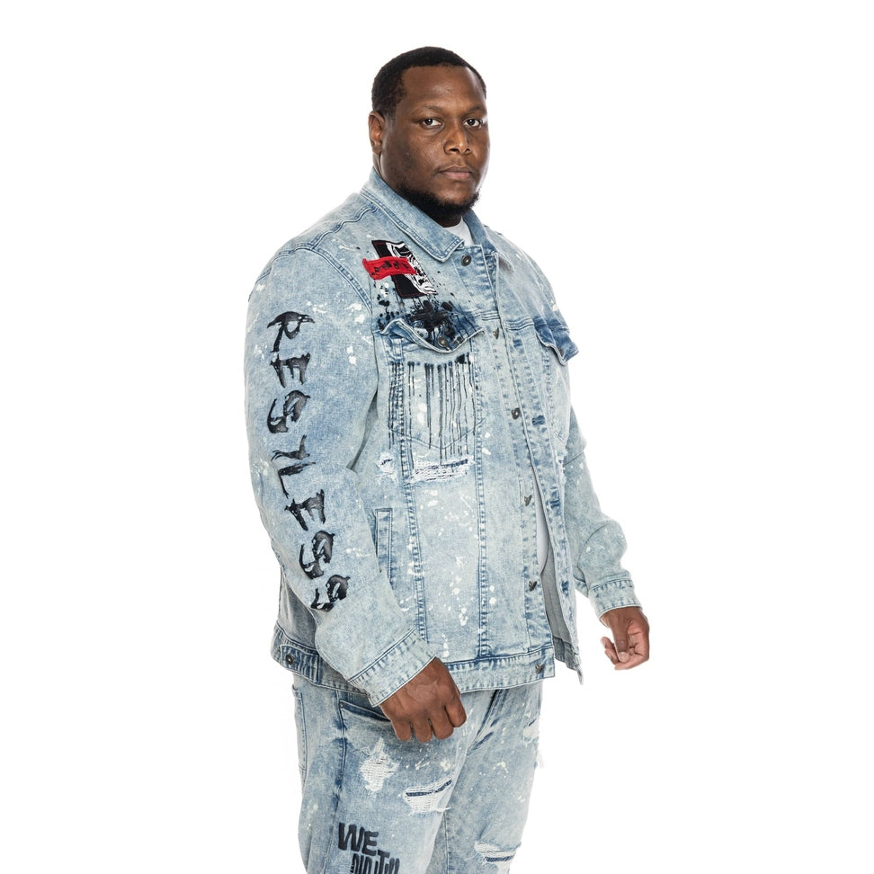 Smoke Rise Big and Tall Big and Tall Graphic Patched Fashion Jean Jacket - Mizu Blue