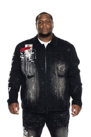 Big and Tall Graphic Patched Fashion Denim Jacket Dusty Black - Smoke Rise