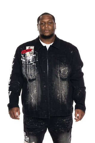 Big and Tall Graphic Patched Fashion Denim Jacket - Dusty Black 