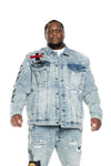 Big and Tall Graphic Patched Fashion Denim Jacket Mizu Blue - Smoke Rise