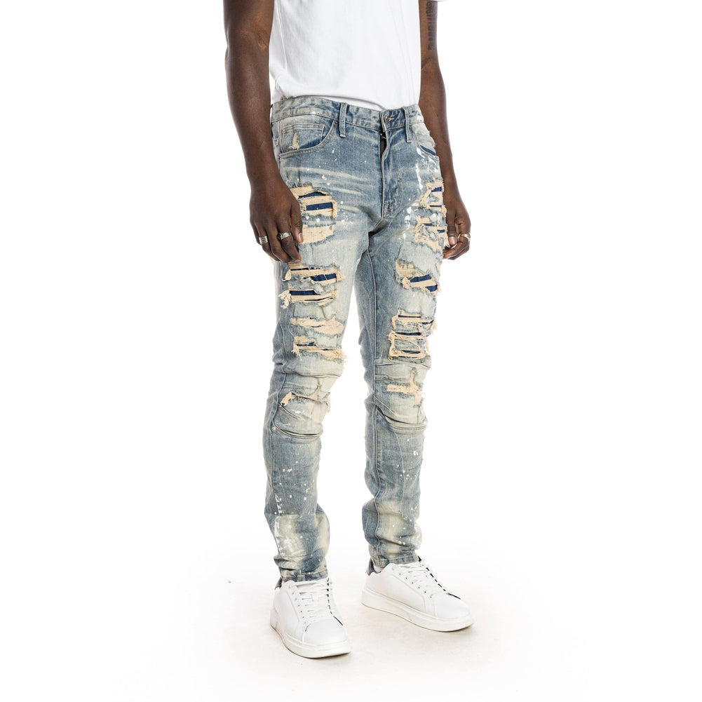 Smoke Rise Heavy Rip & Repair Fashion Jeans - Chester Blue