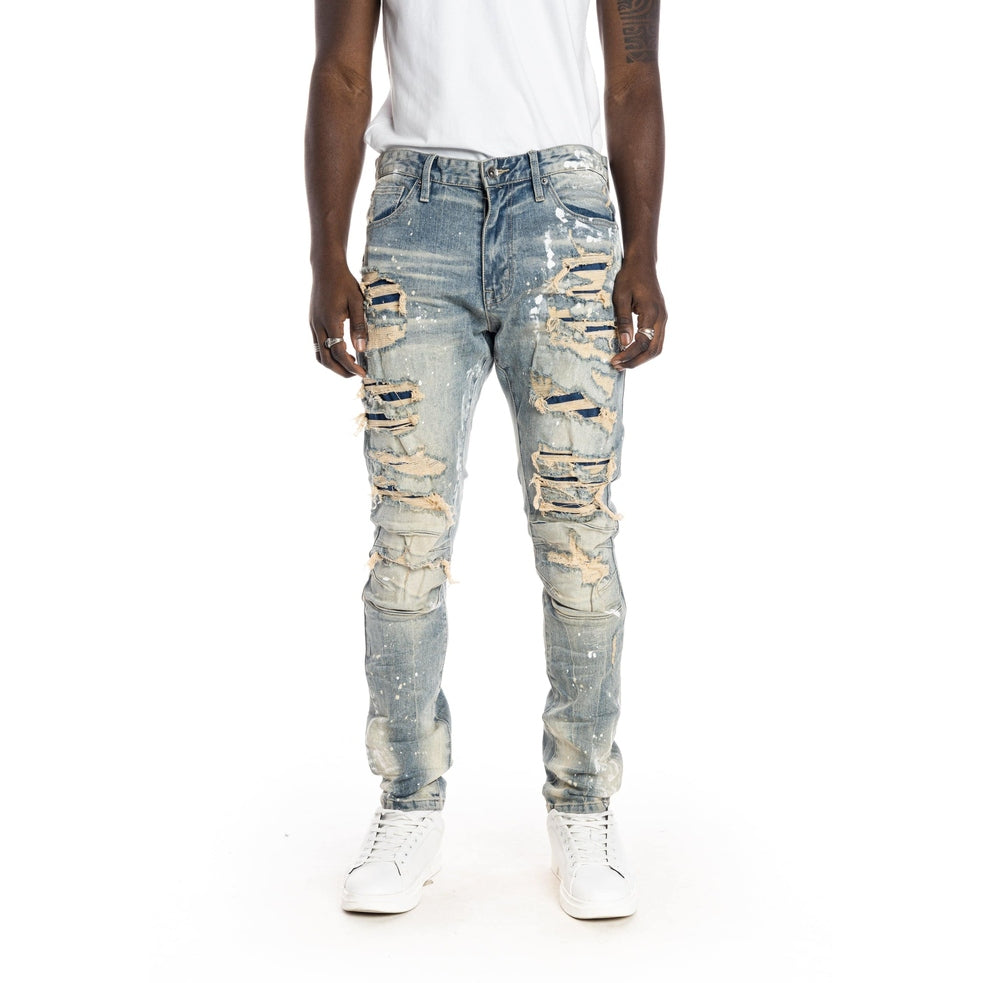 Smoke Rise Heavy Rip & Repair Fashion Jeans - Chester Blue