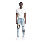 Smoke Rise Graphic Patched Fashion Jeans - Mizu Blue