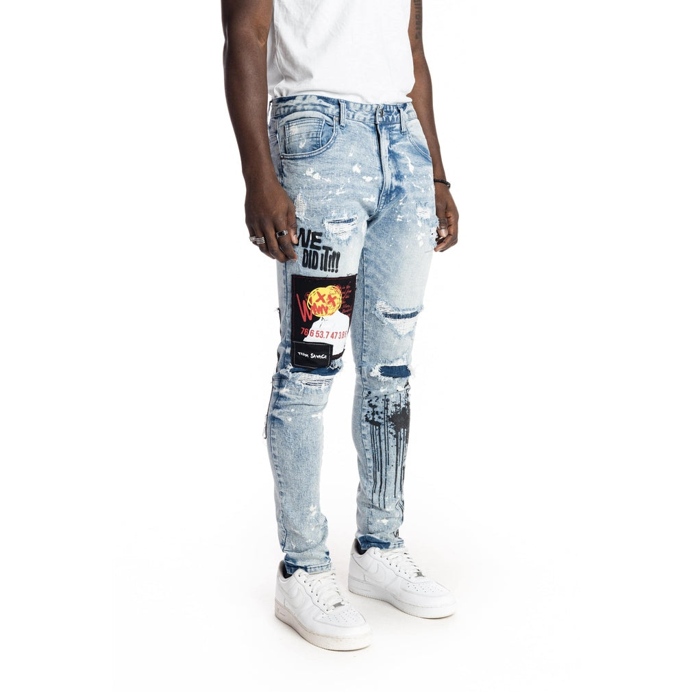 Smoke Rise Graphic Patched Fashion Jeans - Mizu Blue