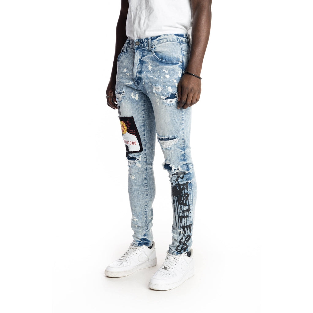 Smoke Rise Graphic Patched Fashion Jeans - Mizu Blue