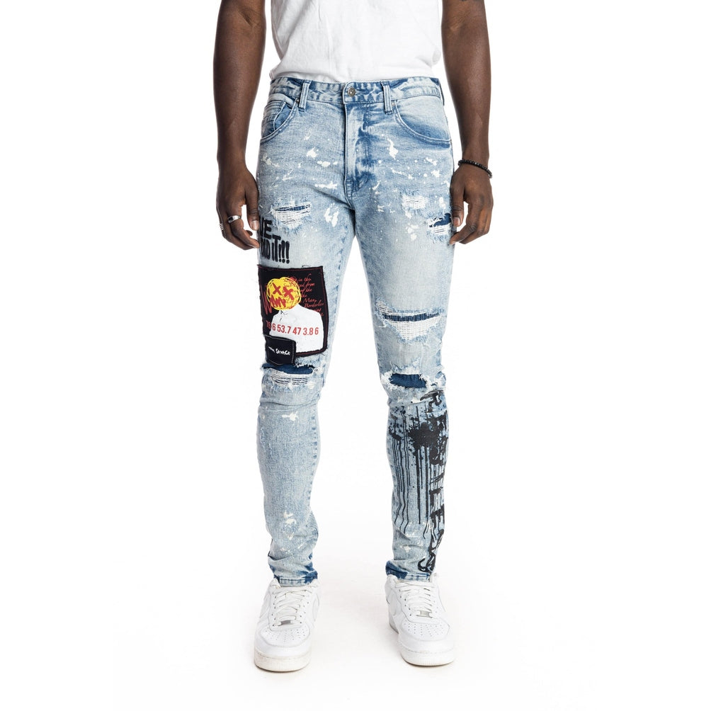 Graphic Patched Fashion Jeans Mizu Blue - Smoke Rise