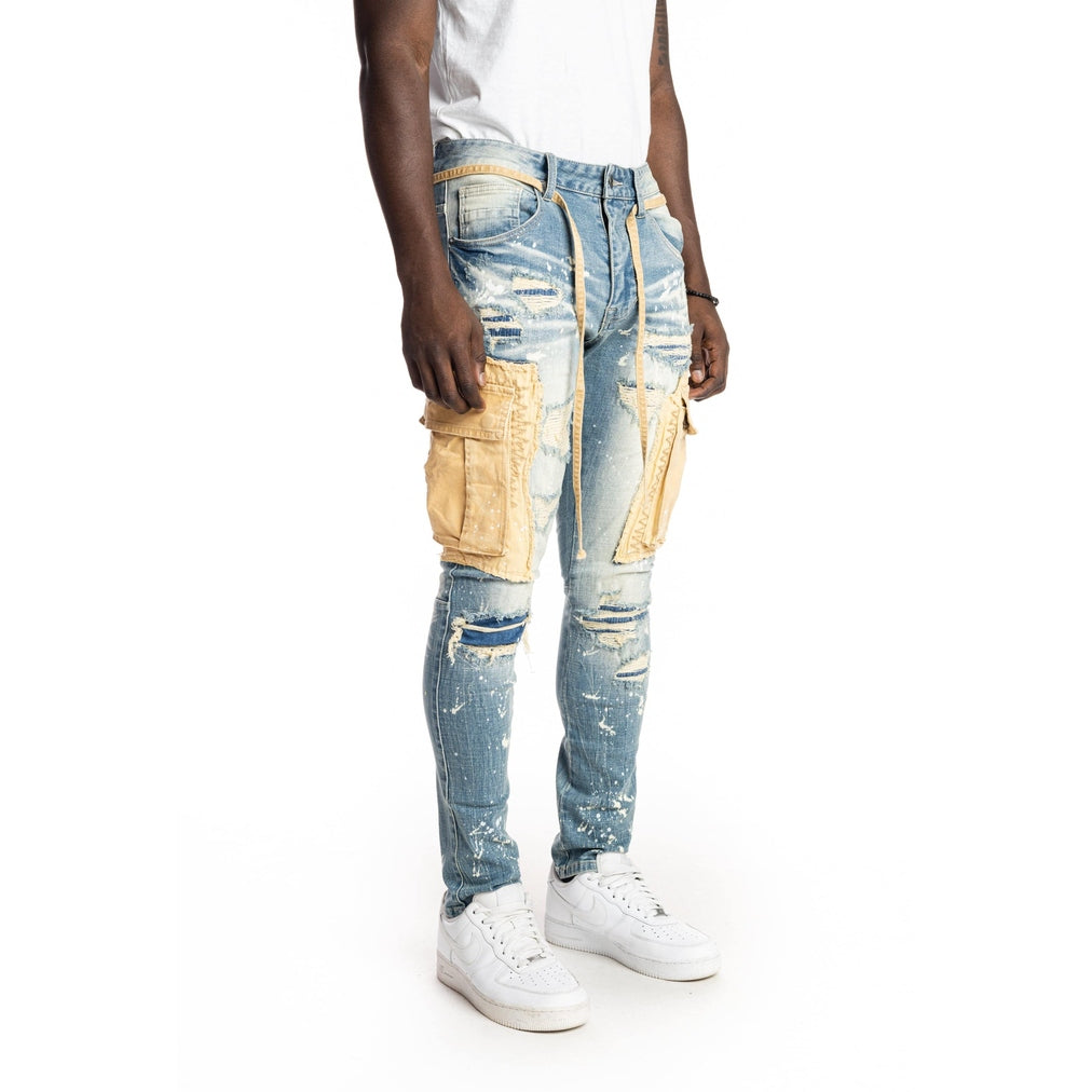 Smoke Rise Belted Cargo Fashion Jeans - Brighton Blue