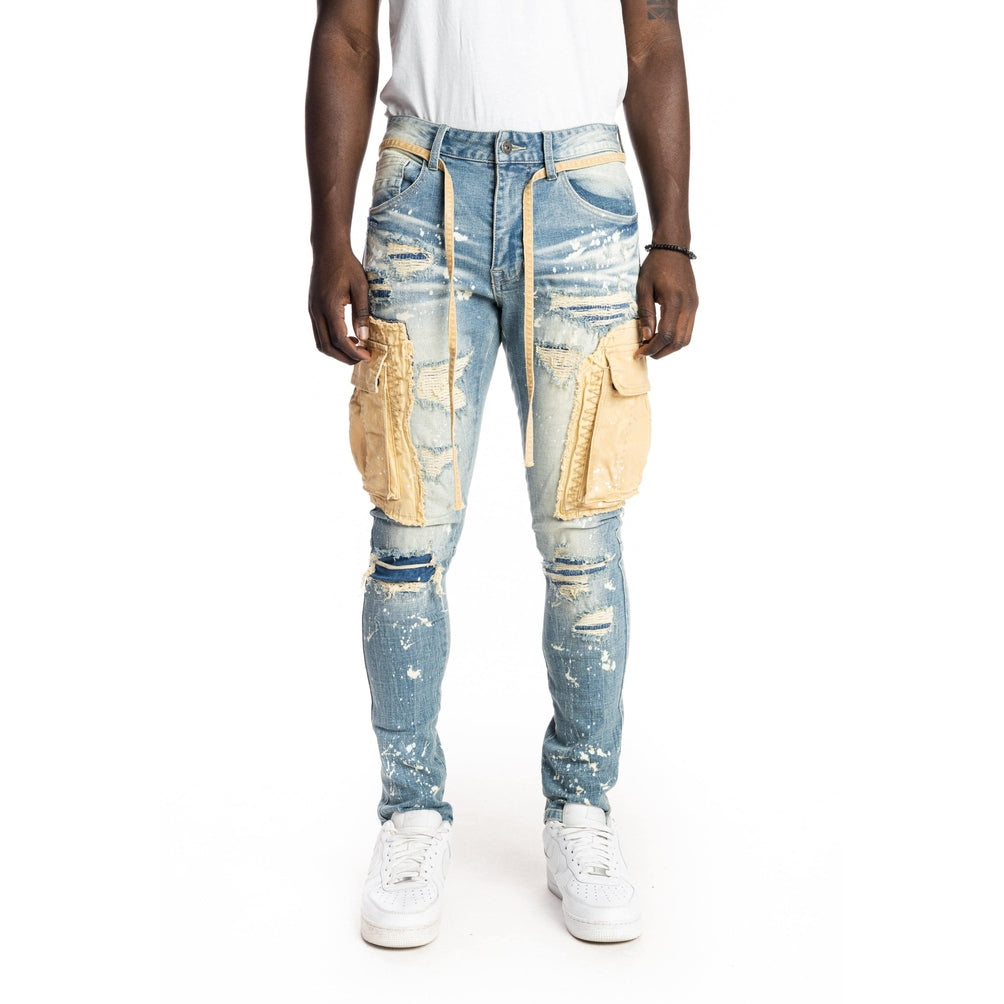 Smoke Rise Belted Cargo Fashion Jeans - Brighton Blue