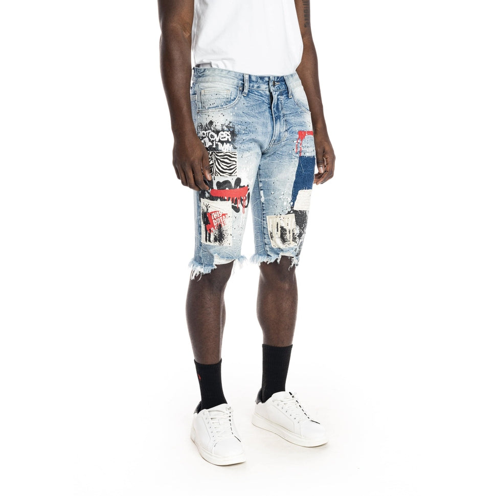 Smoke Rise Twill Applique Fashion Jean Shorts - Canal Blue