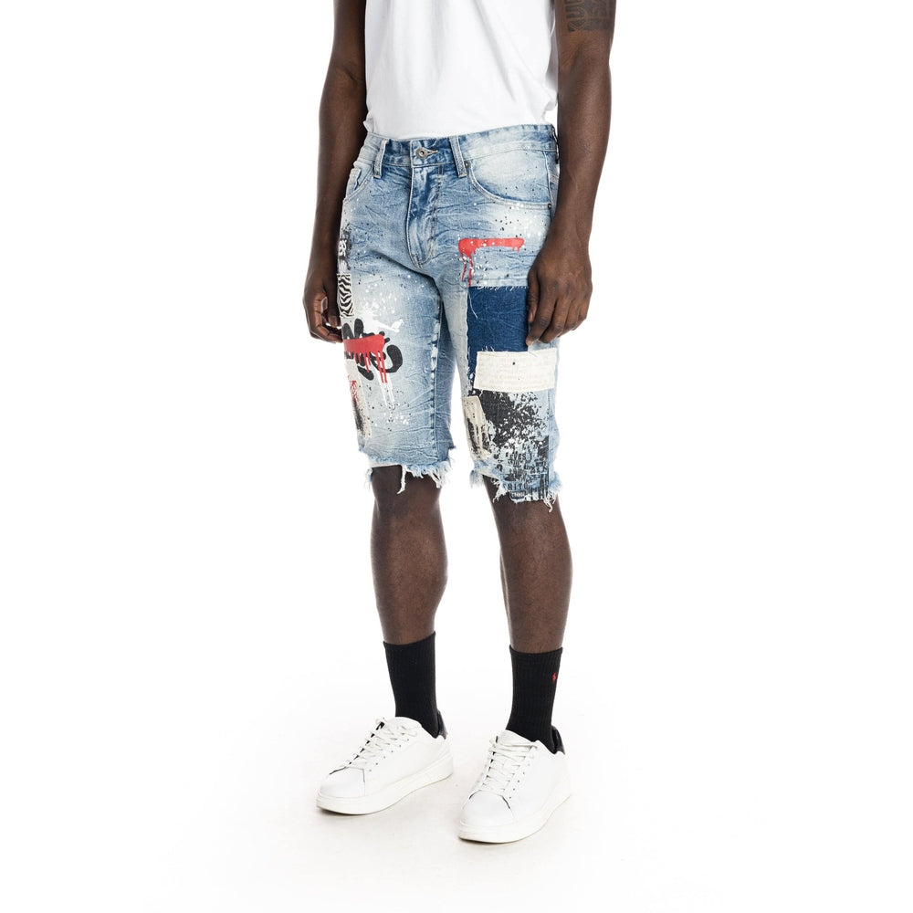 Smoke Rise Twill Applique Fashion Jean Shorts - Canal Blue