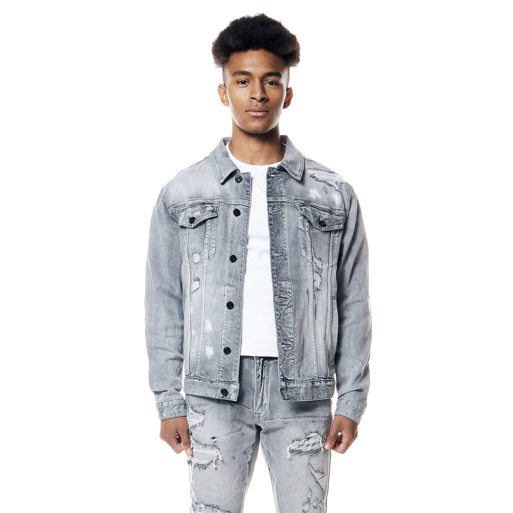 Smoke Rise Distressed Rip & Repair Jean Jacket - Union Grey