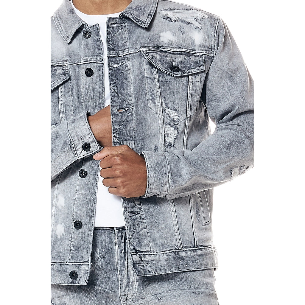 Smoke Rise Distressed Rip & Repair Jean Jacket - Union Grey