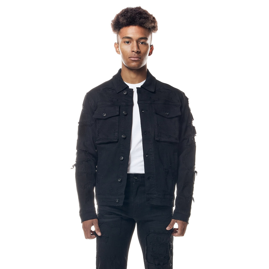 Smoke Rise Distressed Rip & Repair Jean Jacket - Black