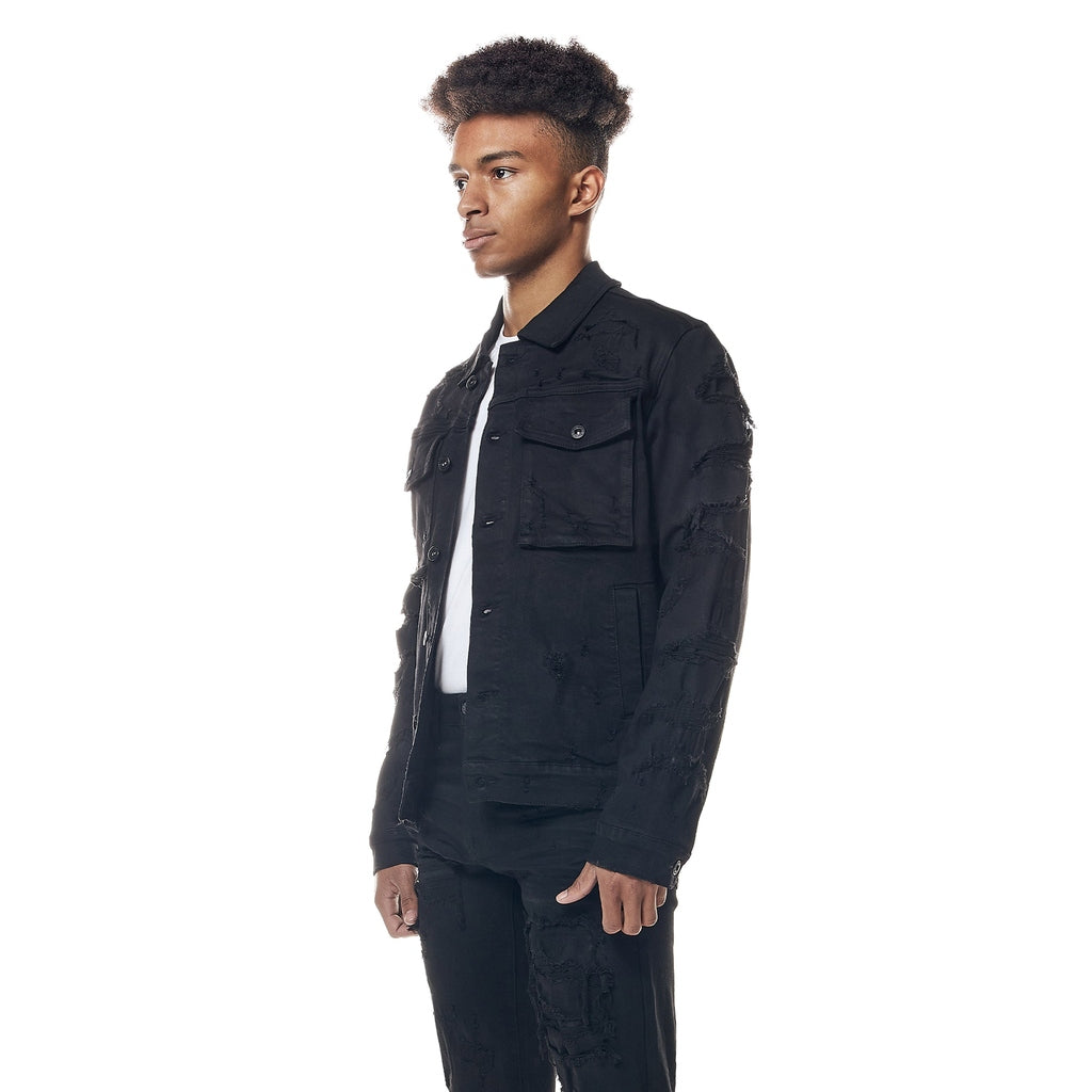 Smoke Rise Distressed Rip & Repair Jean Jacket - Black