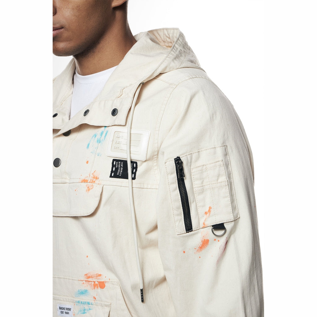 Smoke Rise Hand Painted Utility Twill Anorak Jacket - Latte