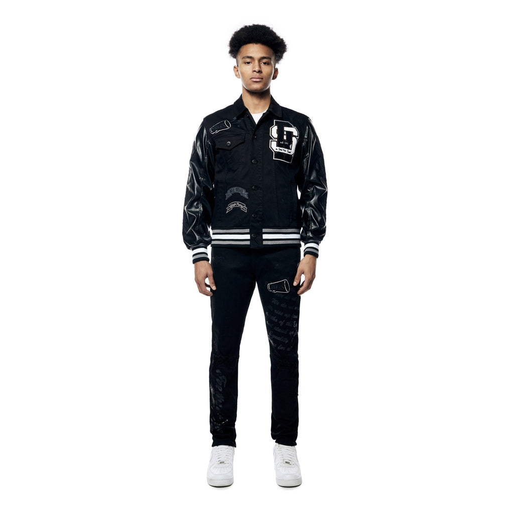 Smoke Rise Varsity Vegan Leather & Jean Jacket - Black