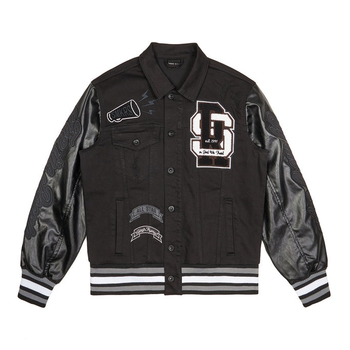 Smoke Rise Varsity Vegan Leather & Jean Jacket - Black