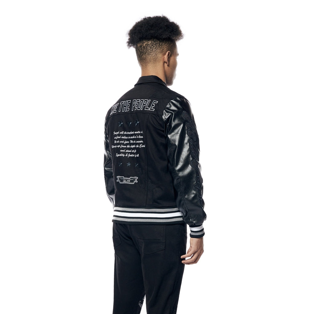 Smoke Rise Varsity Vegan Leather & Jean Jacket - Black