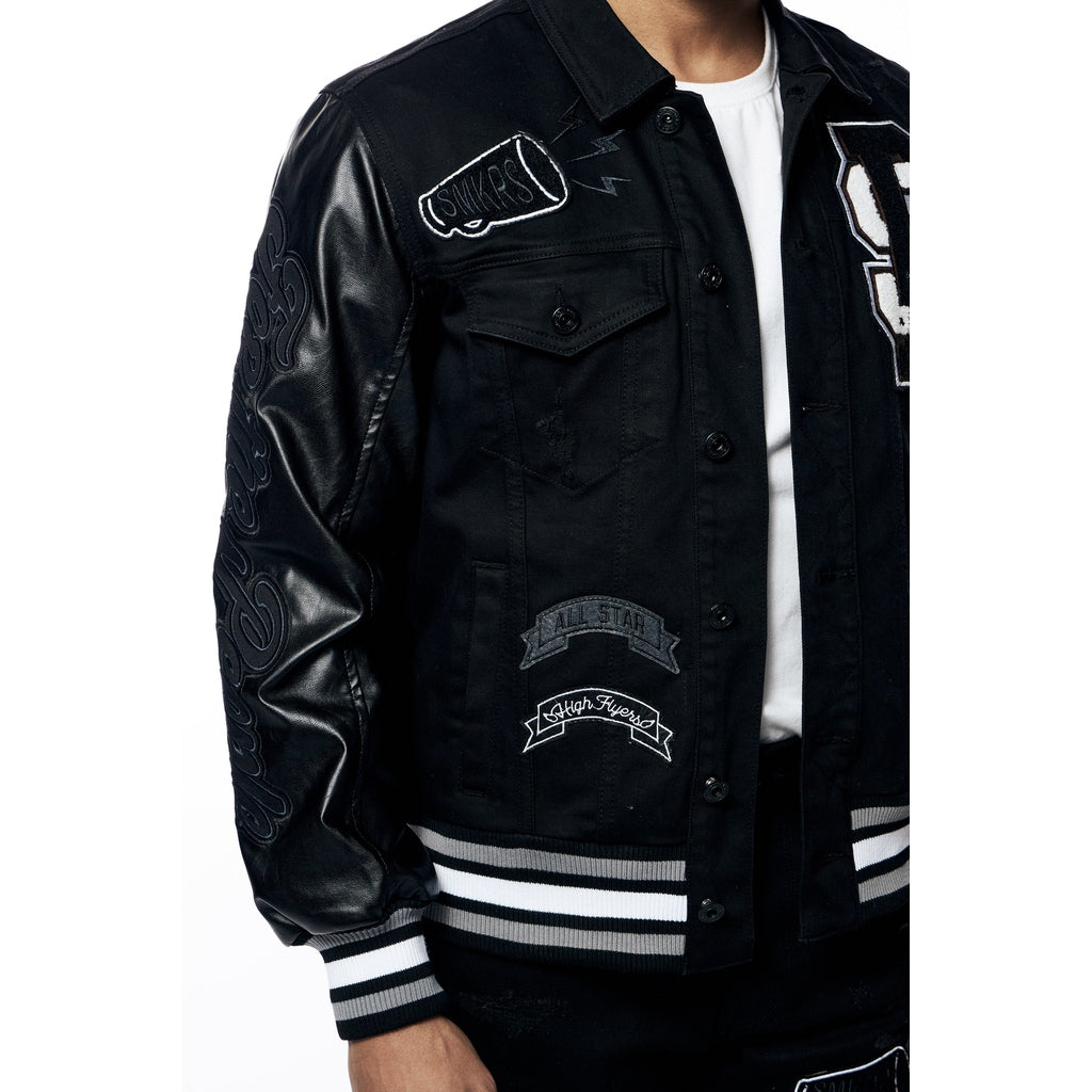 Smoke Rise Varsity Vegan Leather & Jean Jacket - Black