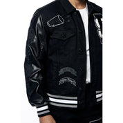 Smoke Rise Varsity Vegan Leather & Jean Jacket - Black