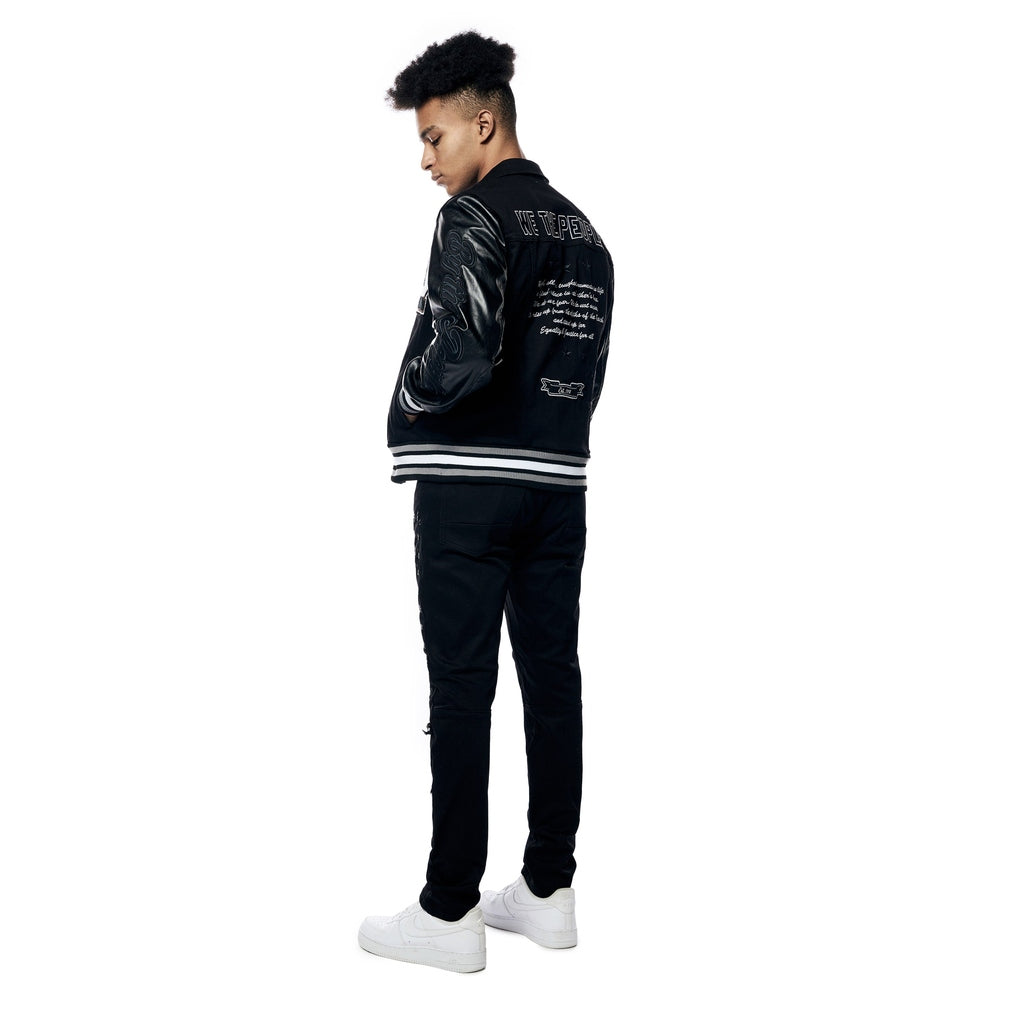 Smoke Rise Varsity Vegan Leather & Jean Jacket - Black