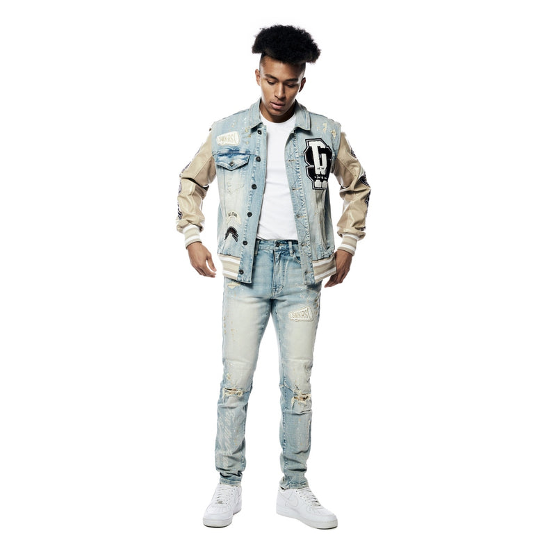 Varsity Vegan Leather & Denim Jacket
