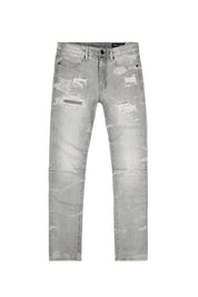 Rip & Repaired Lightning Washed Denim Jeans - Cloud Grey
