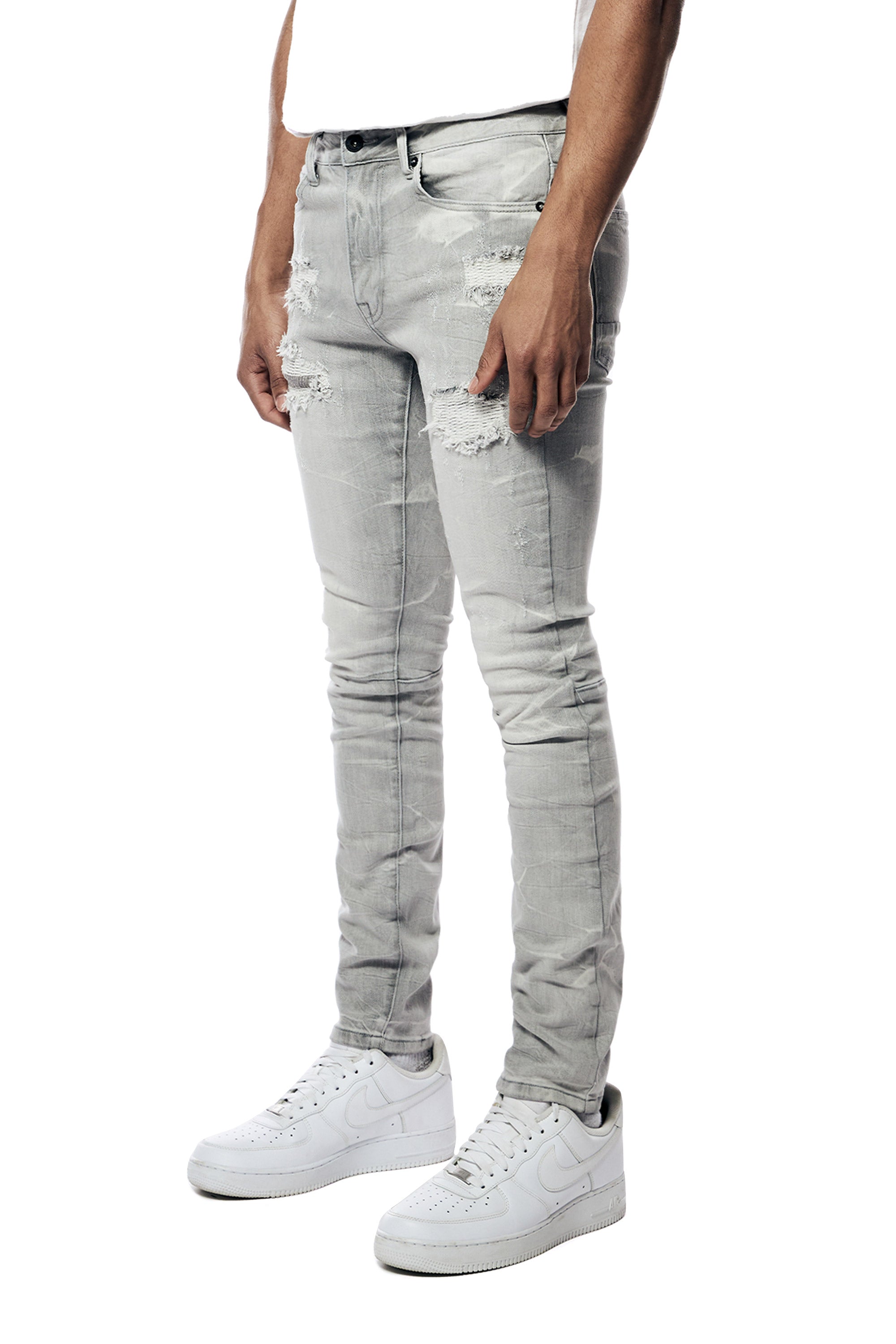 Rip & Repaired Lightning Washed Denim Jeans - Cloud Grey
