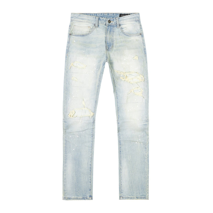 Smoke Rise Distressed Rip & Repair Slim Tapered Denim Jeans - Elm Blue