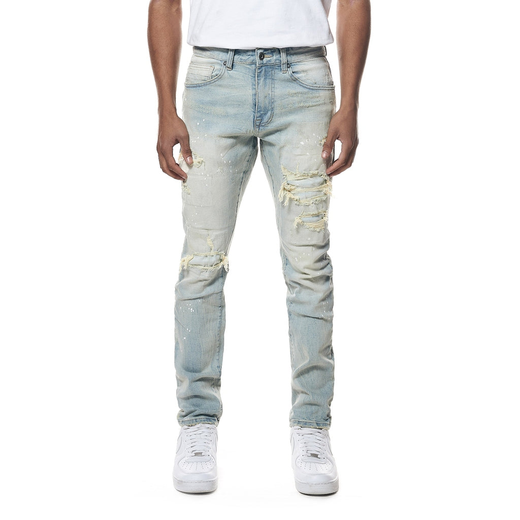 Smoke Rise Distressed Rip & Repair Slim Tapered Denim Jeans - Elm Blue