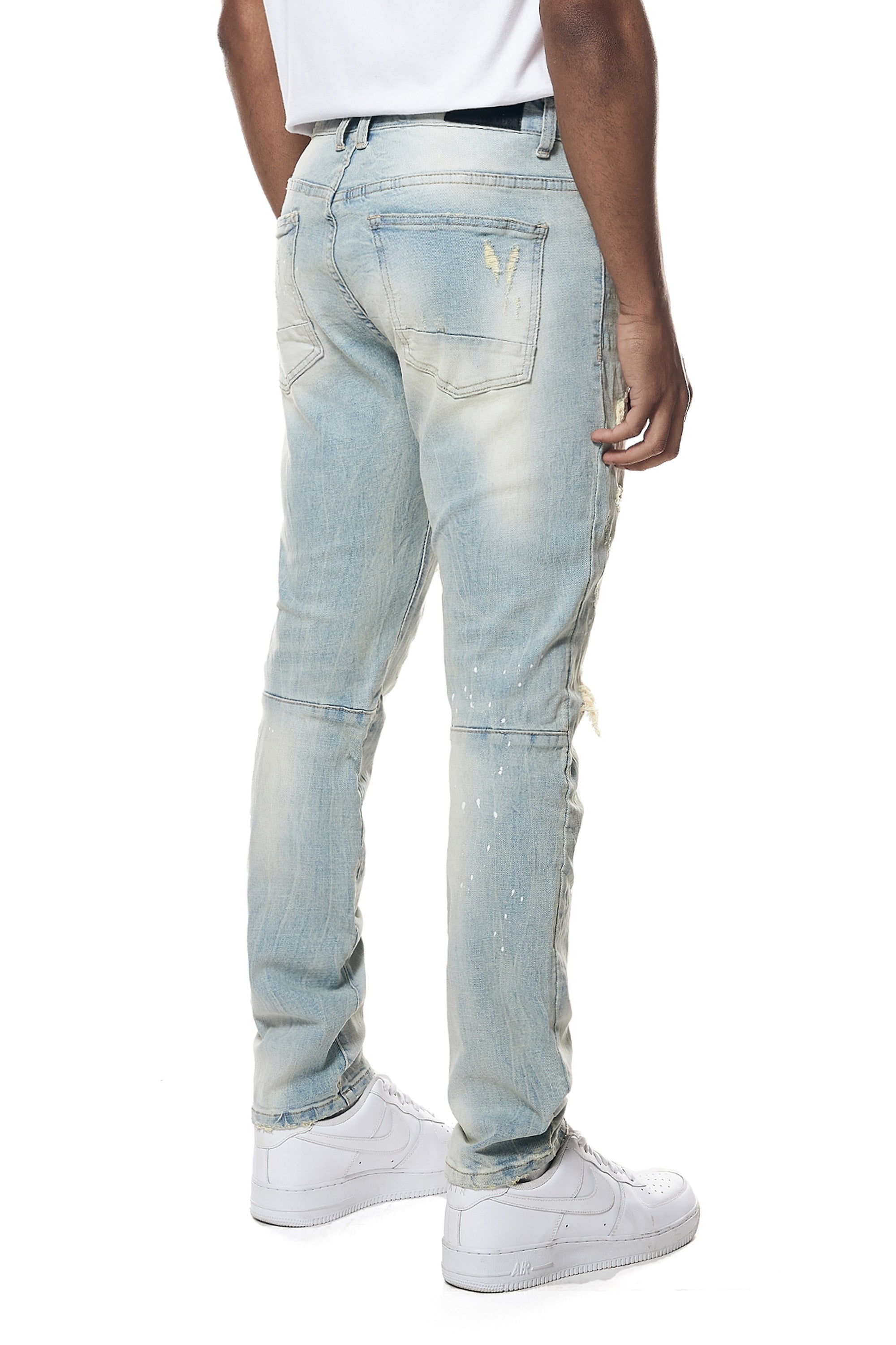 Distressed Rip & Repair Slim Tapered Denim Jeans - Elm Blue