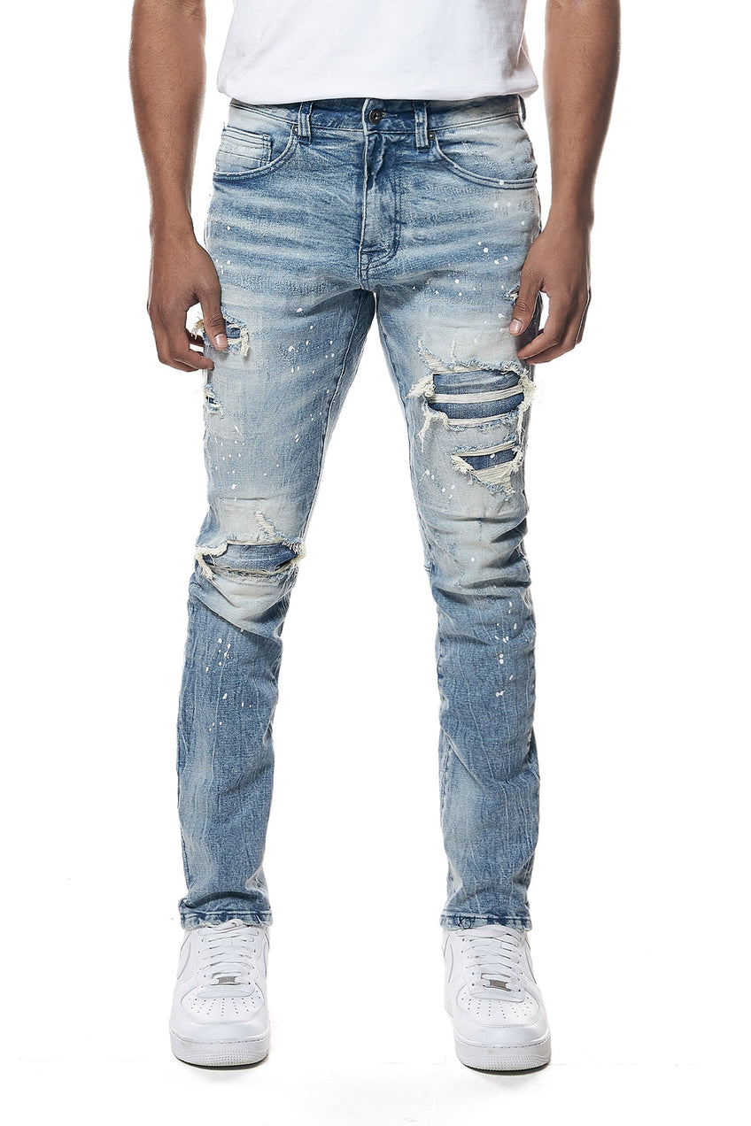 Distressed Rip & Repair Slim Tapered Denim Jeans - Lowell Blue ...