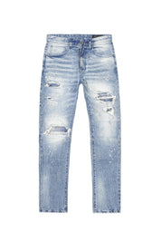 Distressed Rip & Repair Slim Tapered Denim Jeans - Lowell Blue