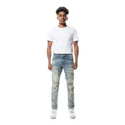 Smoke Rise Distressed Rip & Repair Easy Slim Denim Jeans - Suffolk Blue