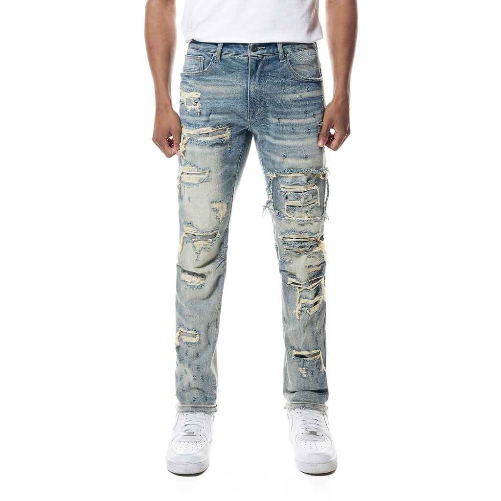 Smoke Rise Distressed Rip & Repair Easy Slim Denim Jeans - Suffolk Blue