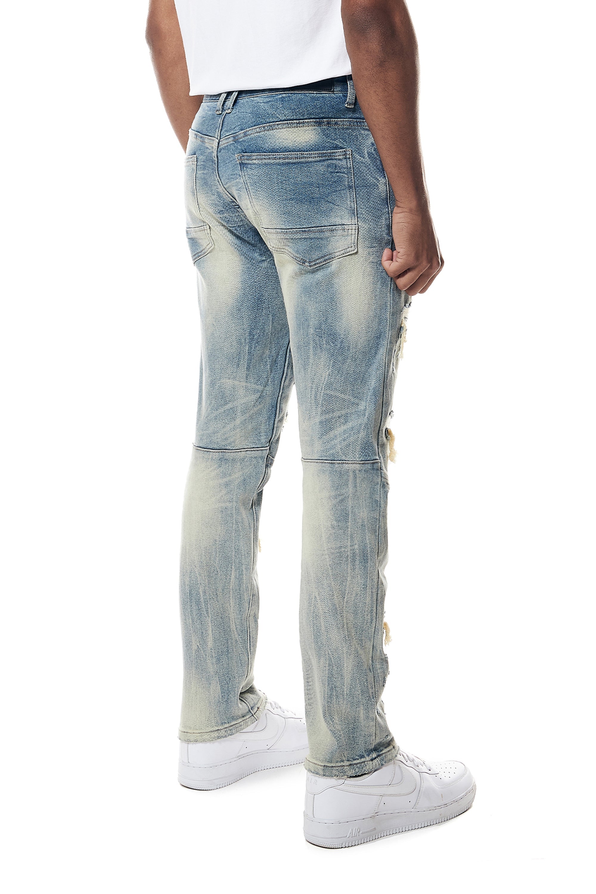 Distressed Rip & Repair Slim Tapered Denim Jeans - Lowell Blue –